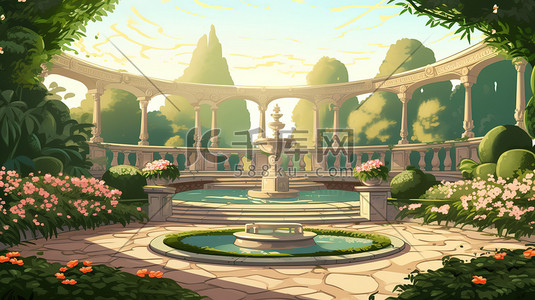 喷泉花园插画图片_花园公园的喷泉插画11