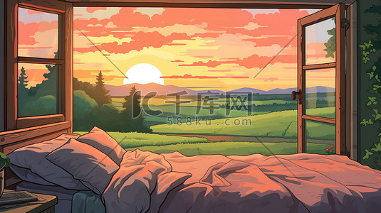 窗外阳光插画图片_乡村小屋唯美的窗外日出13