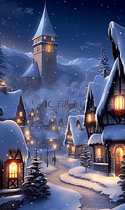 圣诞节唯美冬季城堡卡通插画