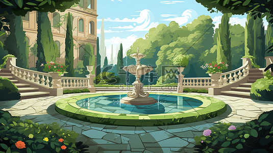 喷泉花园插画图片_花园公园的喷泉插画14