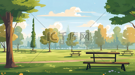 公园的长椅插画图片_公园的绿化绿植户外环境19