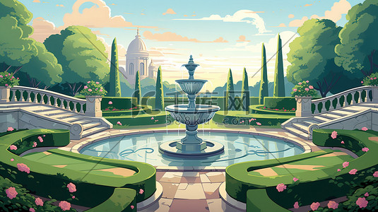 喷泉花园插画图片_花园公园的喷泉插画13
