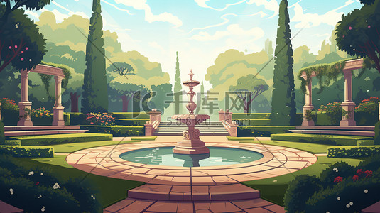 喷泉花园插画图片_花园公园的喷泉插画15