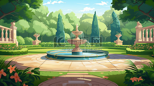 喷泉花园插画图片_花园公园的喷泉插画3
