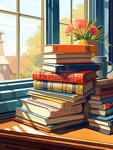 一堆书插画图片_窗户前桌子上的一堆书12
