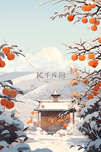 冬天海报柿子树房子白雪皑皑手绘插画