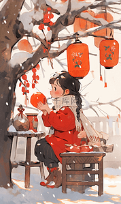 挂红包的树插画图片_水彩风挂灯笼的少女新年喜庆雪景插画