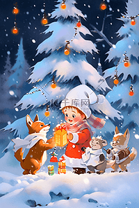 圣诞节动物插画图片_圣诞节孩子和小动物一起堆雪人插画手绘