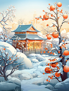 冬季雪景柿子树和建筑8