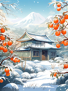 霜降插画图片_冬季雪景柿子树和建筑13