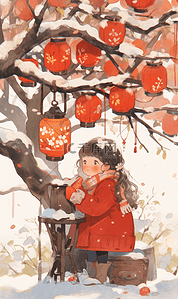 水彩风挂灯笼的少女新年喜庆雪景插画