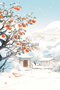 冬天海报柿子树插画房子白雪皑皑手绘
