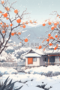 冬天的柿子插画图片_海报冬天柿子树房子白雪皑皑手绘插画