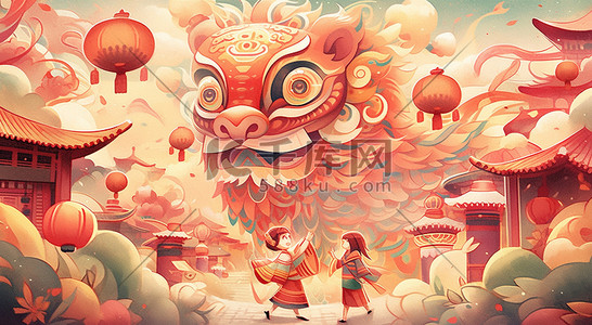 中国风卡通新年舞狮喜庆插画春节