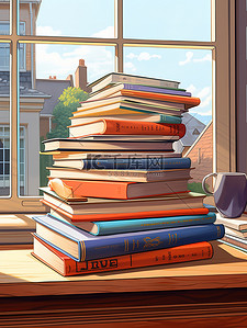 一堆书插画图片_窗户前桌子上的一堆书9