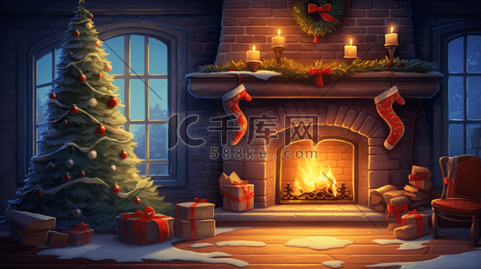 圣诞节壁炉家居装饰场景插画16