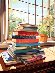 一堆书本插画图片_窗户前桌子上的一堆书16
