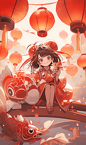 红锦鲤插画图片_少女新年锦鲤喜庆插画