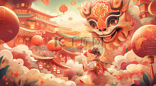 民族风插画图片_中国风卡通新年舞狮喜庆插画春节