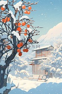 冬天海报柿子树手绘房子白雪皑皑插画