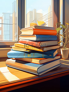 桌子上的书籍插画图片_窗户前桌子上的一堆书5