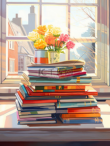 一堆书本插画图片_窗户前桌子上的一堆书7