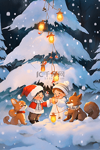 手绘可爱小动物插画图片_孩子和小动物一起堆雪人圣诞节手绘插画