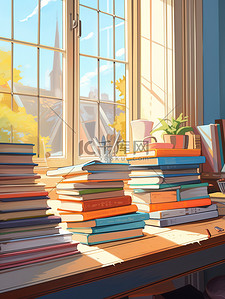 桌子上的书籍插画图片_窗户前桌子上的一堆书6