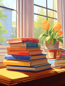 窗户前桌子上的一堆书3