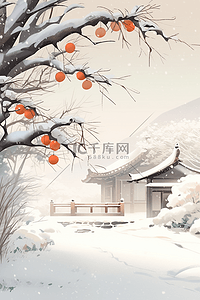 橙色配色插画图片_冬天海报柿子树手绘插画房子白雪皑皑