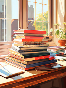 一堆书插画图片_窗户前桌子上的一堆书2