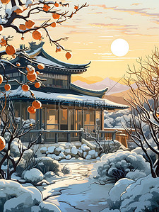 霜降插画图片_冬季雪景柿子树和建筑2