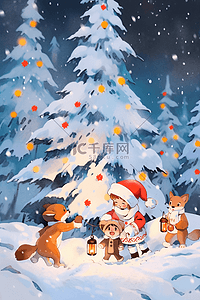 动物卡通背景小插画图片_圣诞节孩子和小动物一起堆雪人手绘插画海报