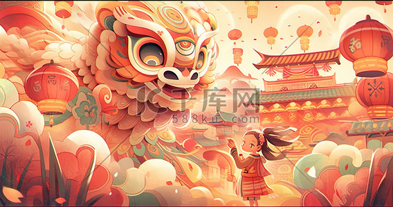 中国风卡通新年舞狮喜庆插画春节