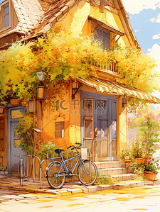 动漫自行车插画图片_黄色房子一辆自行车1