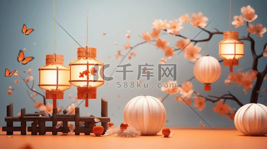 3D立体传统中国风灯笼装饰插画2