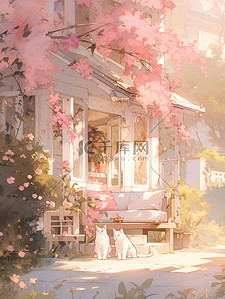 浪漫花朵花朵插画图片_浪漫粉色花朵下的房子1