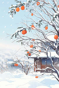 冬天的柿子插画图片_插画冬天海报柿子树房子白雪皑皑手绘