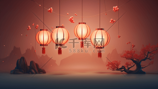 3D立体传统中国风灯笼装饰插画34