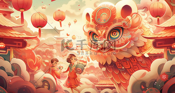 中国风新年卡通插画图片_中国风卡通新年舞狮喜庆插画春节