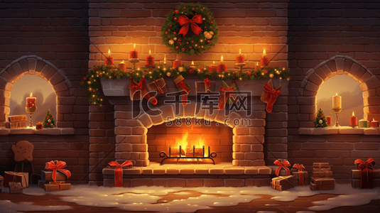 圣诞节壁炉家居装饰场景插画18