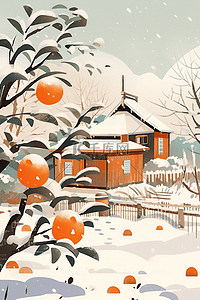 海报柿子树冬天房子白雪皑皑手绘插画