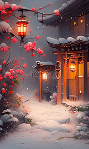 中国院落插画图片_中国风水彩雪景庭院插画