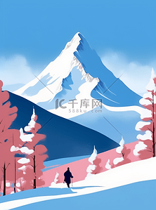 插画风景冬天雪山扁平极简滑雪月亮森林旅游