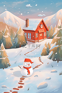 冬天雪人松树手绘插画小木屋