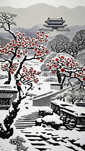 国潮梅花插画图片_重彩肌理国潮冬天雪景红梅中式建筑插画