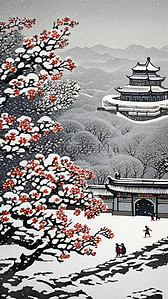 国潮冬天插画图片_重彩肌理国潮冬天雪景红梅中式建筑插画