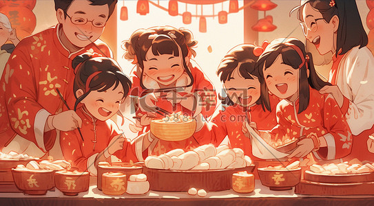 春节做点心温馨一家人喜庆插画
