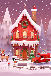 红色易拉宝展架插画图片_海报小木屋雪山手绘圣诞节插画