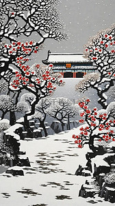 国潮梅花插画图片_重彩肌理国潮冬天雪景红梅中式建筑插画